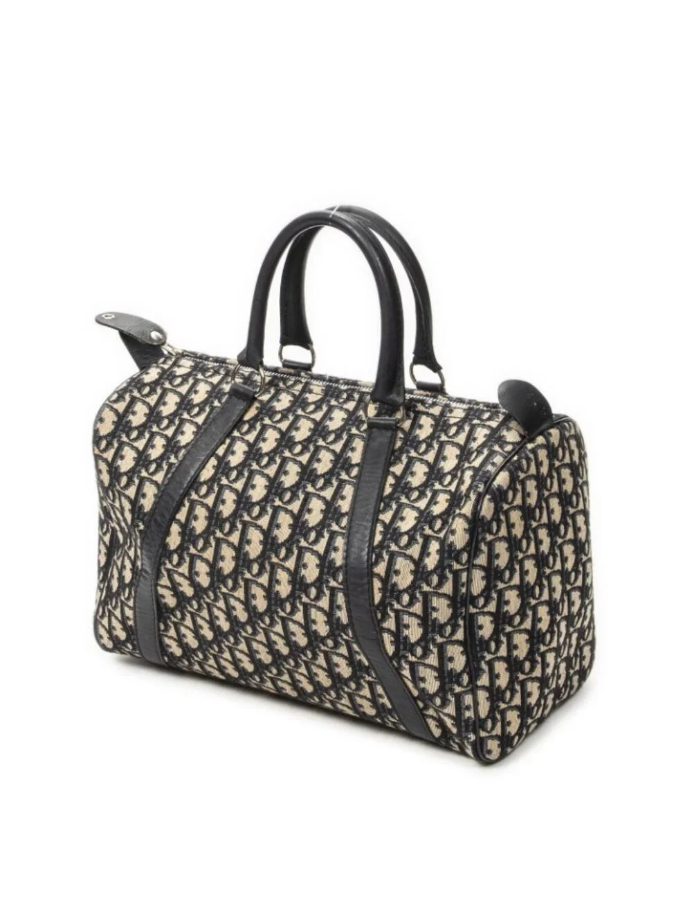 ★SOLD★ Dior Vintage Small Boston Navy Beige Trotter Pattern Canvas Shoulder Bag - Picture 2 of 10